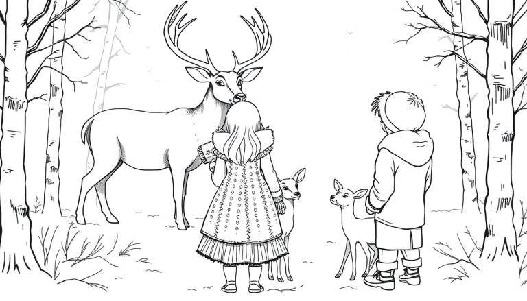 Kleurplaat van een winterbos met een meisje, een jongen, een hert met twee reekalveren, bomen en sneeuw.