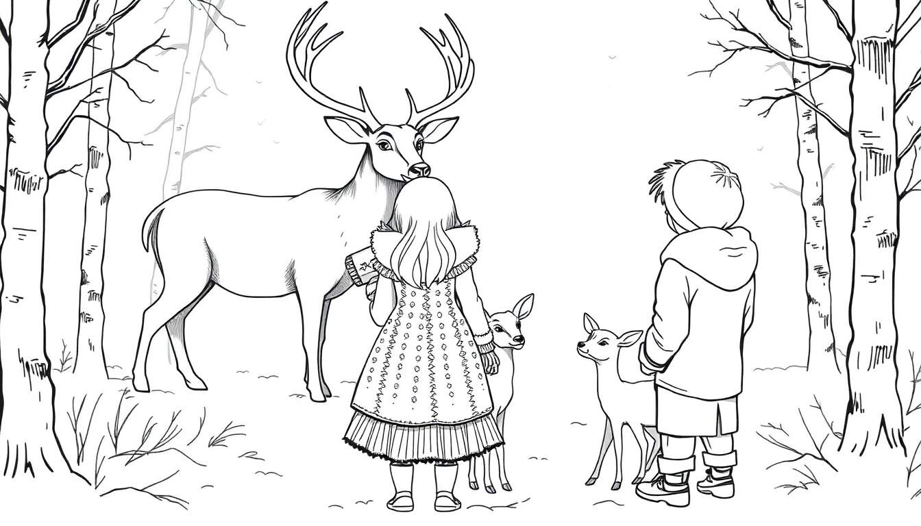 Kleurplaat van een winterbos met een meisje, een jongen, een hert met twee reekalveren, bomen en sneeuw.