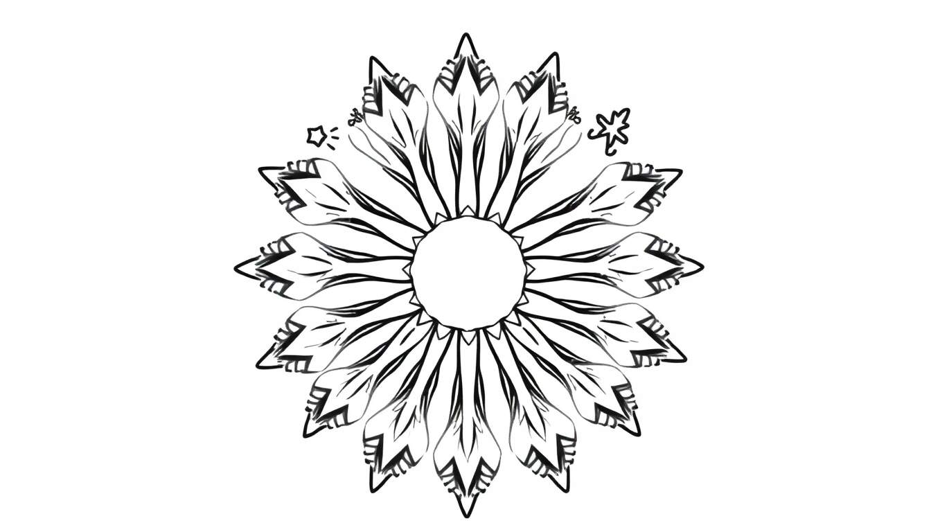 Gestileerde abstracte winter mandala kleurplaat met symmetrische patronen, bloemblaadjes en sterren.