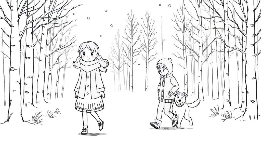 Kleurplaat van een jongen en een meisje met warme kleding en een hond die in een besneeuwd winterbos lopen. Er valt sneeuw en de bomen zijn kaal.