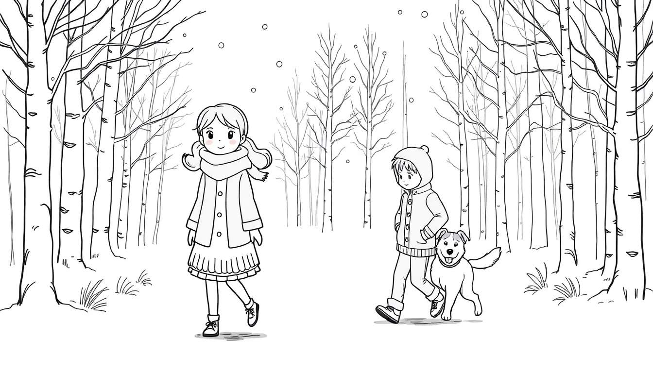 Kleurplaat van een jongen en een meisje met warme kleding en een hond die in een besneeuwd winterbos lopen. Er valt sneeuw en de bomen zijn kaal.