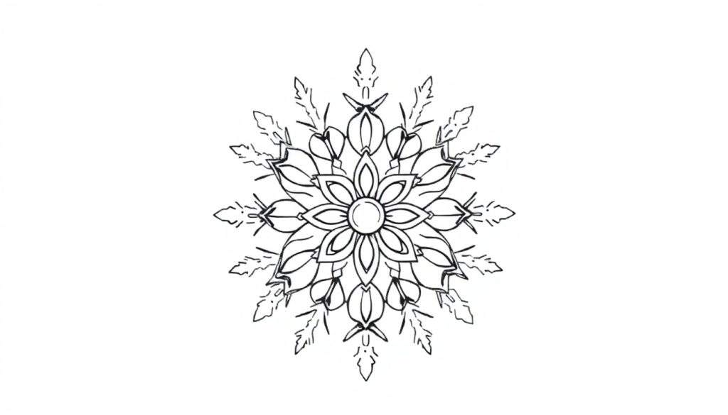 Kleurplaat van een symmetrisch wintermandala, met gestileerde bladeren en scherpe uitsteeksels, op een witte achtergrond.