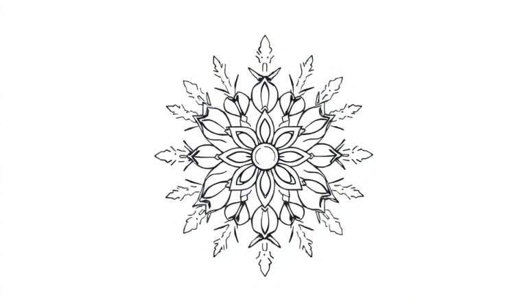 Kleurplaat van een symmetrisch wintermandala, met gestileerde bladeren en scherpe uitsteeksels, op een witte achtergrond.