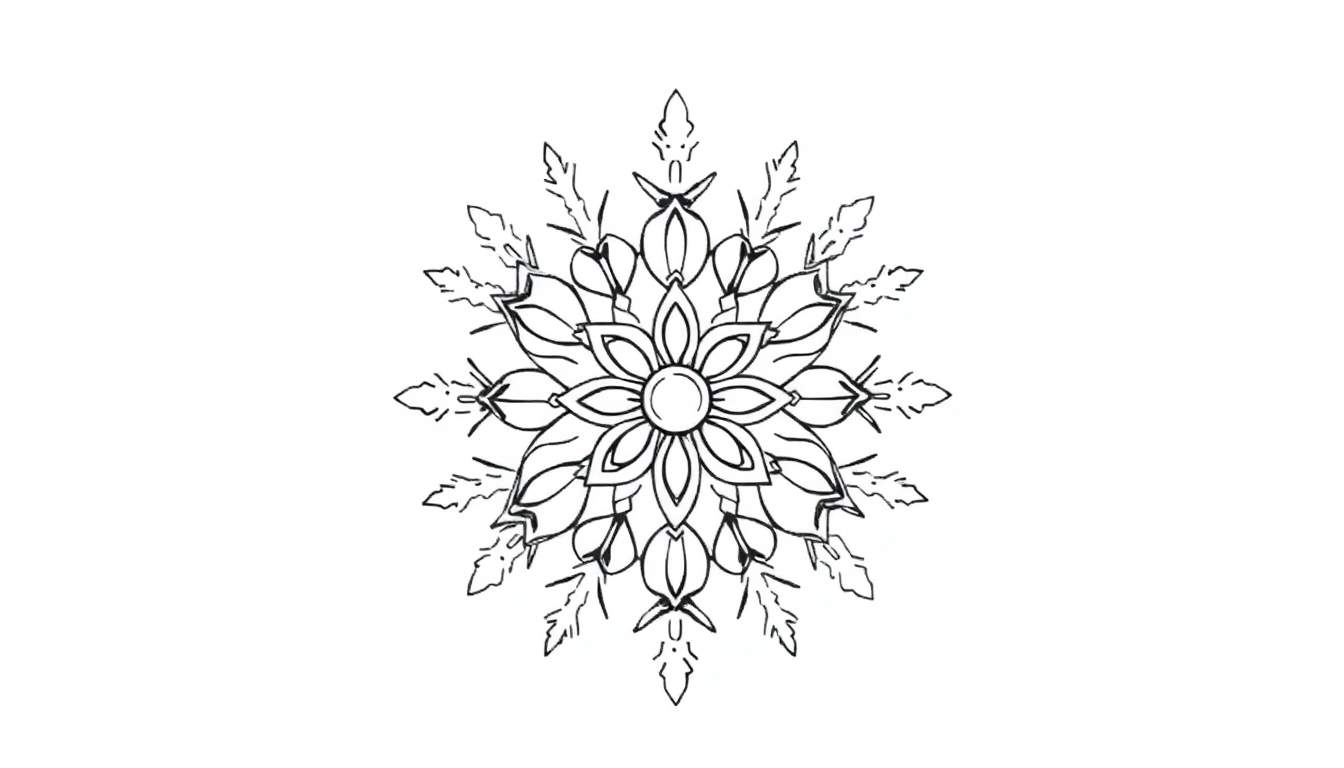 Kleurplaat van een symmetrisch wintermandala, met gestileerde bladeren en scherpe uitsteeksels, op een witte achtergrond.