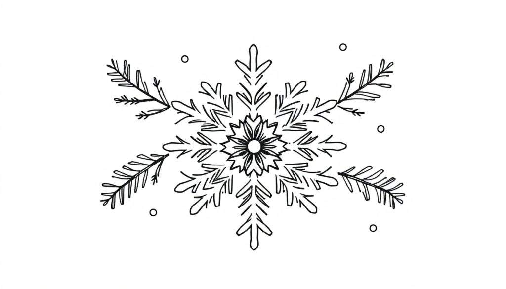 Gedetailleerde zwart-wit kleurplaat van een sneeuwvlok met takjes en kleine cirkels, perfect voor winterse creativiteit.