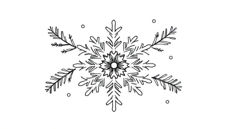 Gedetailleerde zwart-wit kleurplaat van een sneeuwvlok met takjes en kleine cirkels, perfect voor winterse creativiteit.