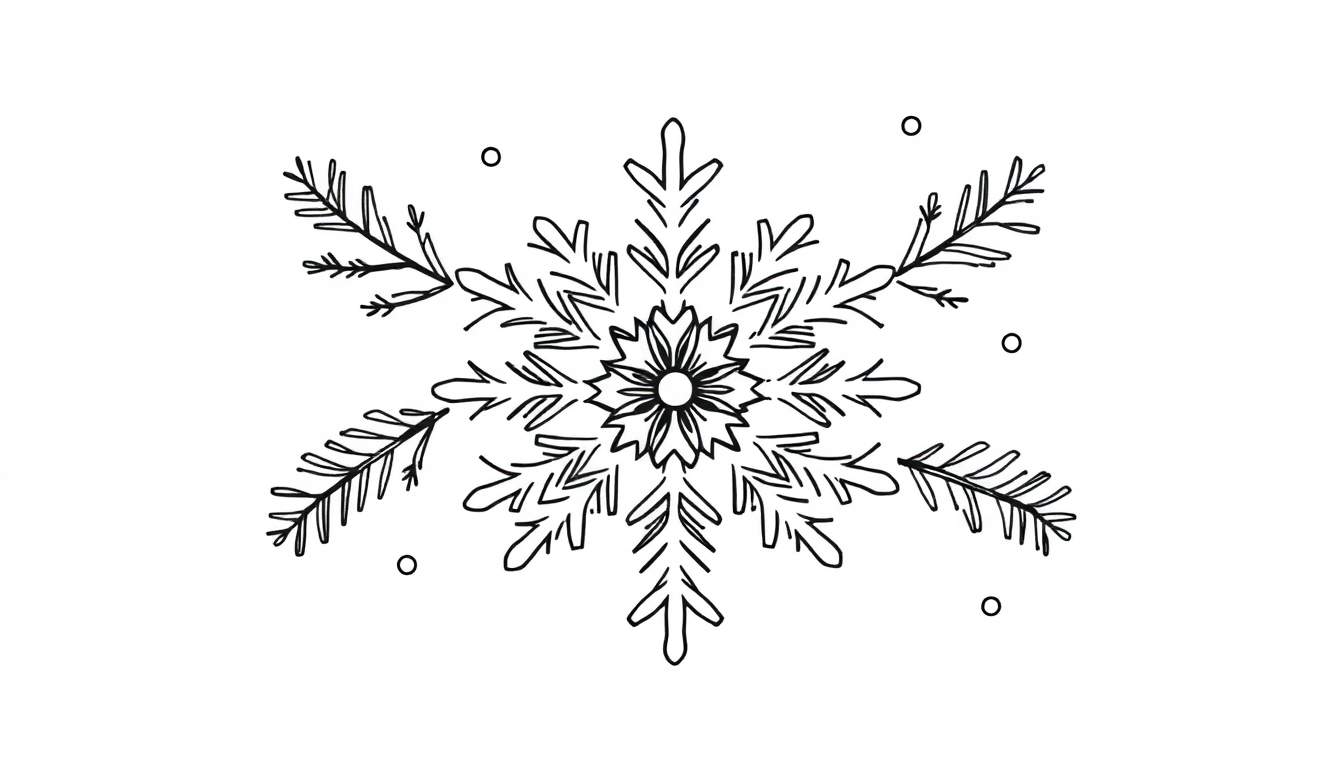 Gedetailleerde zwart-wit kleurplaat van een sneeuwvlok met takjes en kleine cirkels, perfect voor winterse creativiteit.