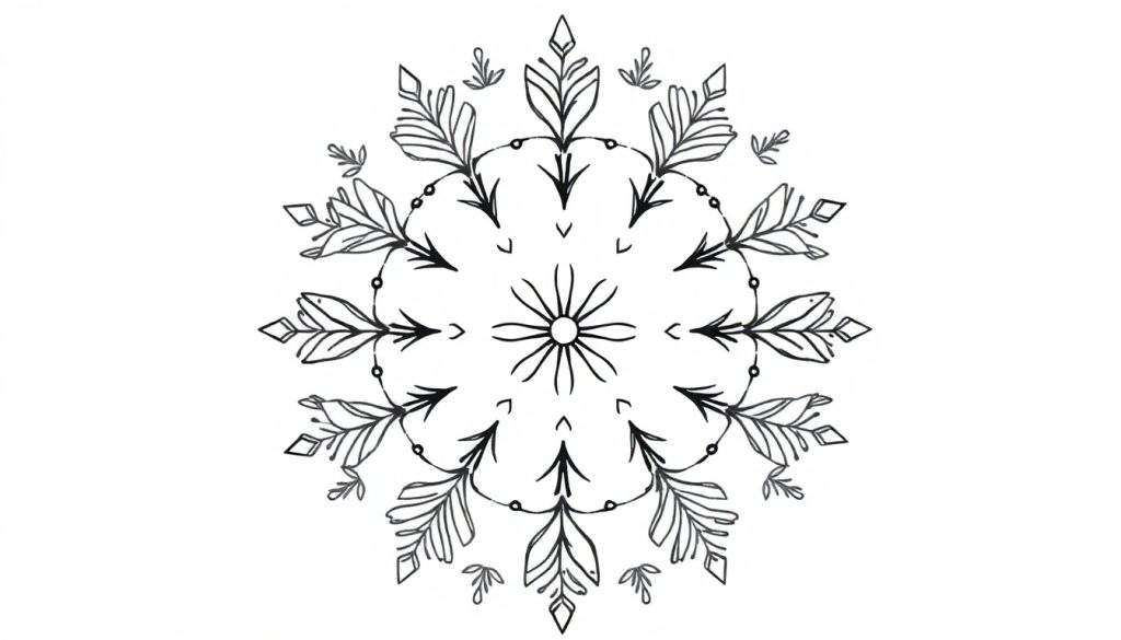 Zwart-wit mandala kleurplaat met een centrale bloem, puntige bladeren, takjes en cirkelvormige versieringen, lijkend op een geometrische sneeuwvlok.