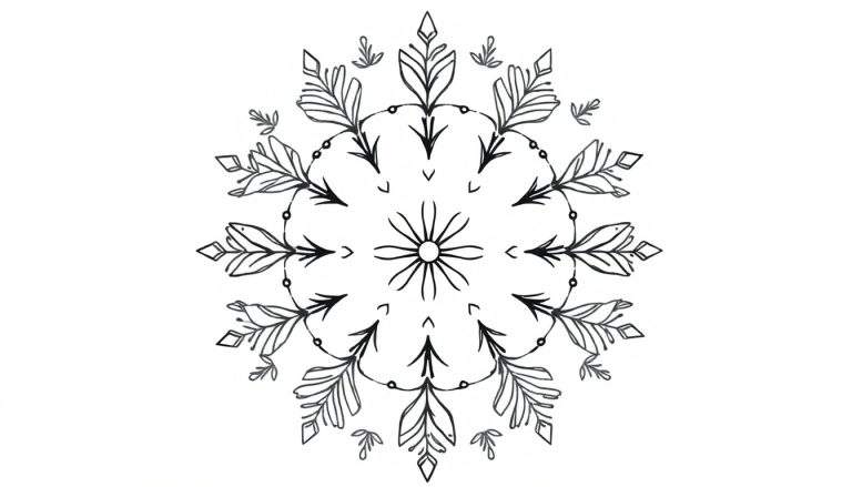 Zwart-wit mandala kleurplaat met een centrale bloem, puntige bladeren, takjes en cirkelvormige versieringen, lijkend op een geometrische sneeuwvlok.