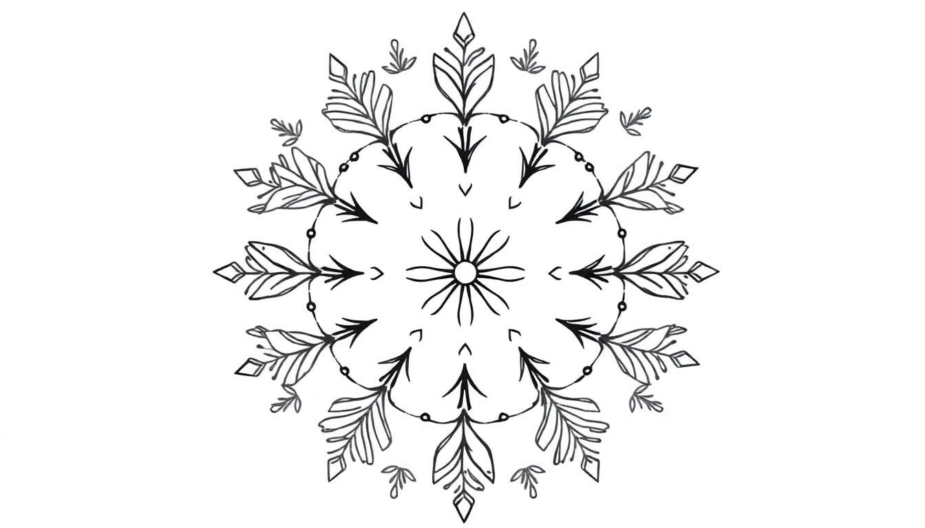 Zwart-wit mandala kleurplaat met een centrale bloem, puntige bladeren, takjes en cirkelvormige versieringen, lijkend op een geometrische sneeuwvlok.