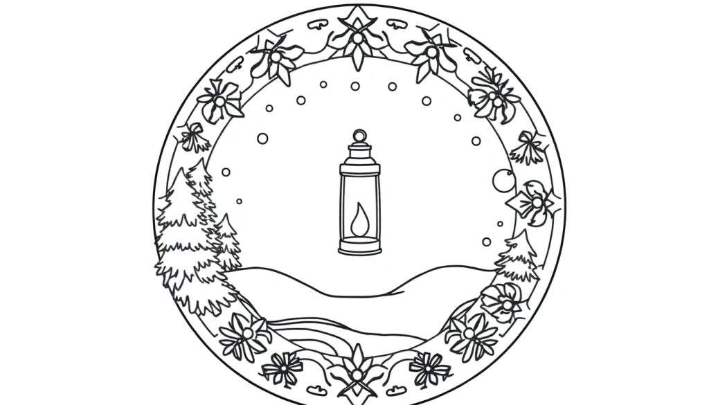 Kleurplaat van een winterse mandala met een lantaarn, besneeuwde bomen en kerstversiering.