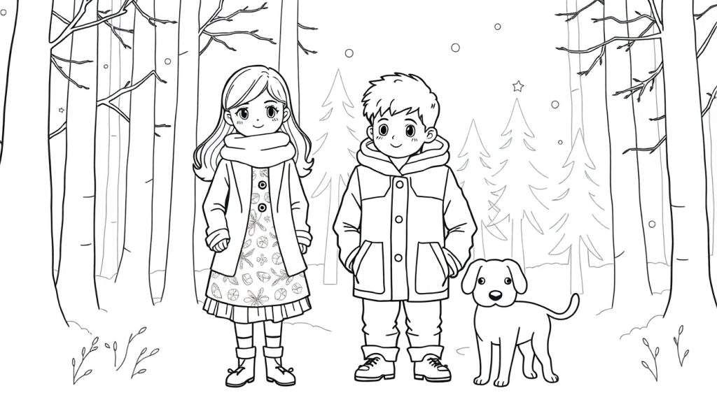 Zwart-witte kleurplaat van twee kinderen met winterkleding en een hond in een bosrijk winterlandschap met sneeuwvlokken.