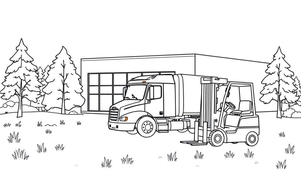 Kleurplaat van een winterlandschap met een vrachtwagen, heftruck, bedrijfspand, bomen en gras.