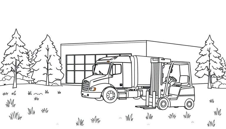 Kleurplaat van een winterlandschap met een vrachtwagen, heftruck, bedrijfspand, bomen en gras.