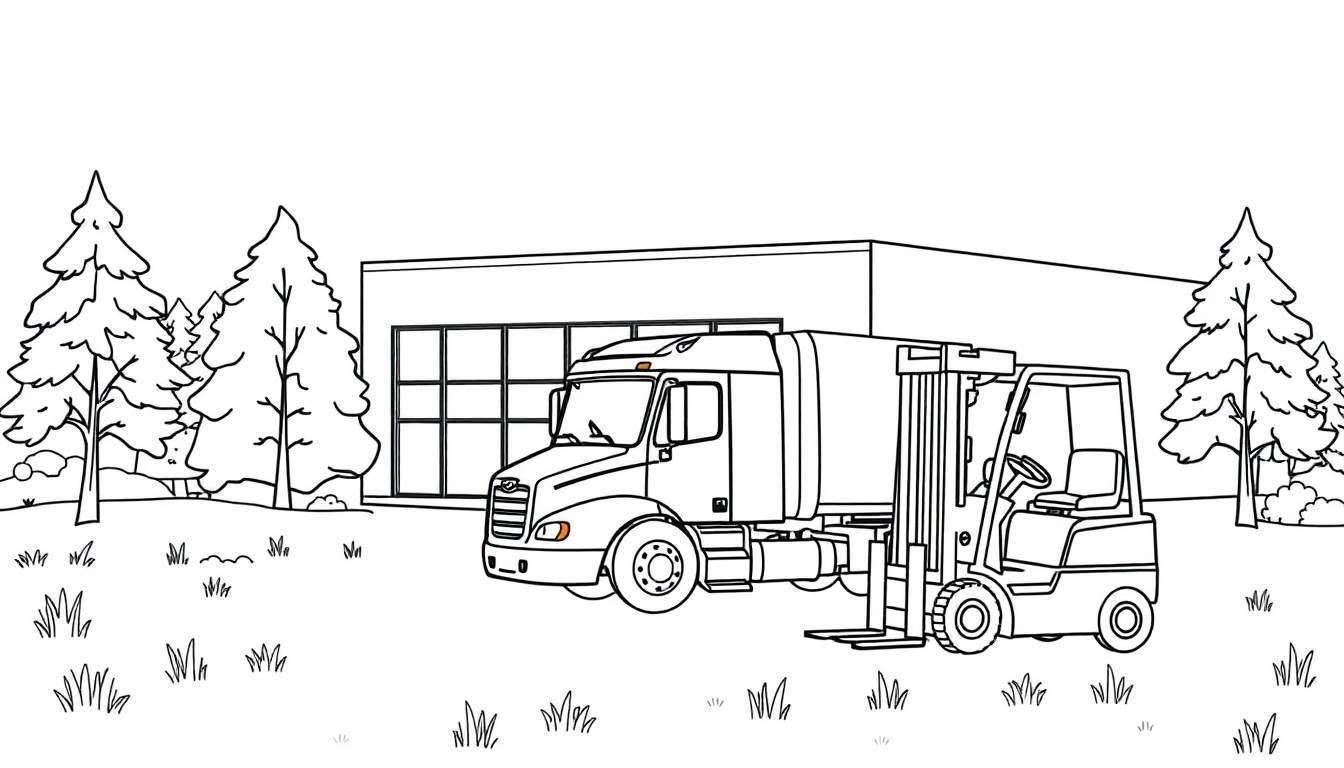 Kleurplaat van een winterlandschap met een vrachtwagen, heftruck, bedrijfspand, bomen en gras.