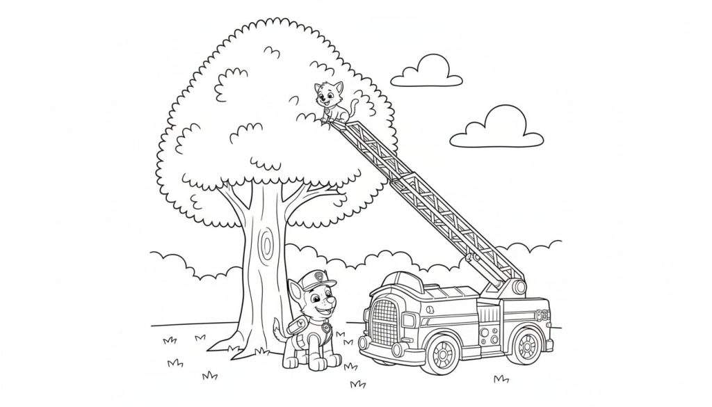 Kleurplaat van Paw Patrol's Marshall die een vrolijke kat redt uit een boom met een brandweerwagenladder. Gras en wolken op de achtergrond.