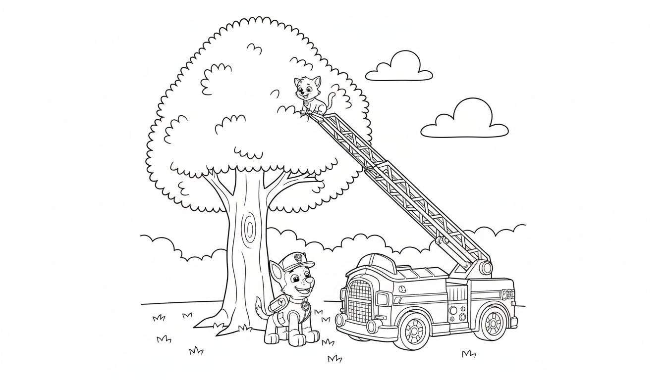 Kleurplaat van Paw Patrol's Marshall die een vrolijke kat redt uit een boom met een brandweerwagenladder. Gras en wolken op de achtergrond.