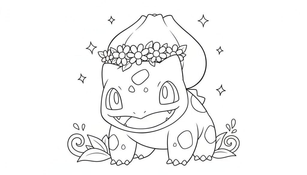 Zwart-witte kleurplaat van een vrolijke Bulbasaur met een bloemenkrans op zijn hoofd, lachend met zichtbare tandjes. Rond zijn voeten zijn plantenranken afgebeeld en op de achtergrond zweven sterretjes.