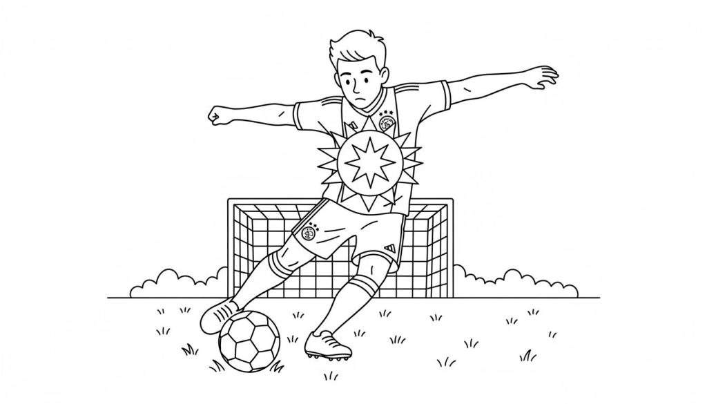 Kleurplaat van een Ajax voetballer in actie, trappend tegen een voetbal, met een grote stervormige energie-uitbarsting op zijn borst en een voetbaldoel op de achtergrond.