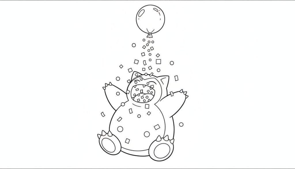 Zwart-wit kleurplaat van Snorlax die blij snoepjes/confetti uit een ballon vangt met open mond.