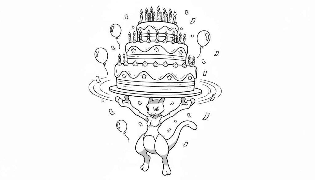 Kleurplaat van Mewtwo die een grote drielaagse verjaardagstaart met veel kaarsen, ballonnen en confetti omhoog houdt.
