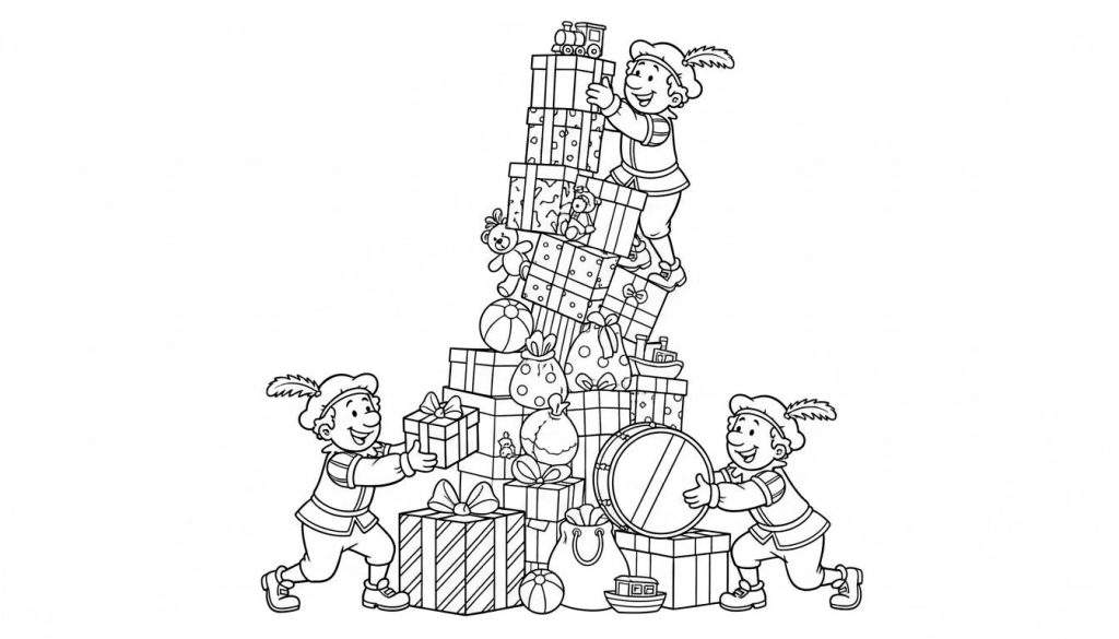 Zwart-wit kleurplaat: Drie lachende Pieten met veren op hun muts stapelen een enorme, instabiele berg Sinterklaas cadeaus en speeltjes zoals een trein, teddybeer en trommel.