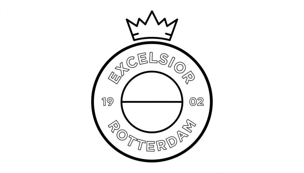 Zwart-wit lijntekening kleurplaat met een grote voetbal omringd door impacteffect, een grasveld met detail, en een voetbaldoel rechtsachter. Met als thema voetbalclub Excelsior.