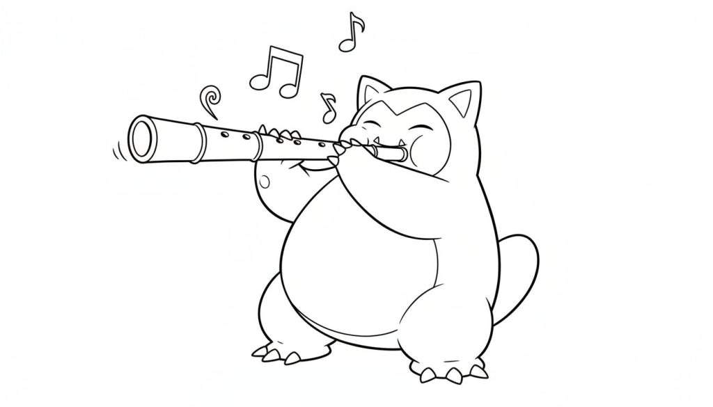 Zwart-wit kleurplaat van Snorlax die rechtop staat en vrolijk fluit speelt, met muzieknoten en geluidskrullen.
