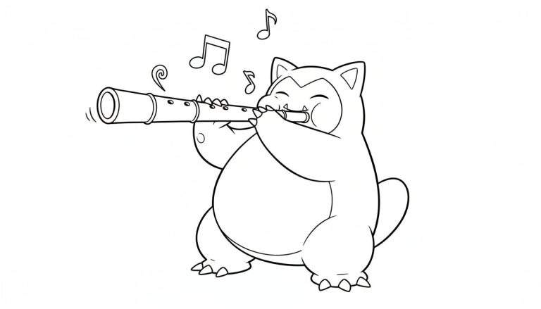 Zwart-wit kleurplaat van Snorlax die rechtop staat en vrolijk fluit speelt, met muzieknoten en geluidskrullen.