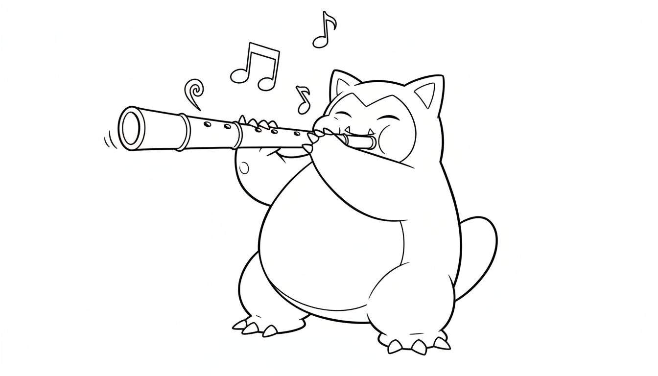 Zwart-wit kleurplaat van Snorlax die rechtop staat en vrolijk fluit speelt, met muzieknoten en geluidskrullen.