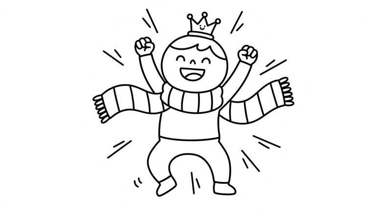 Zwart-wit kleurplaat van een vrolijk juichende figuur met kroon en gestreepte sjaal, viert overwinning voor PEC Zwolle.