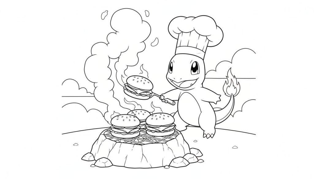 Kleurplaat van Charmander met koksmuts die hamburgers grilt op een stenen barbecue, lachend met vuur op zijn staart, rook en vlammen.