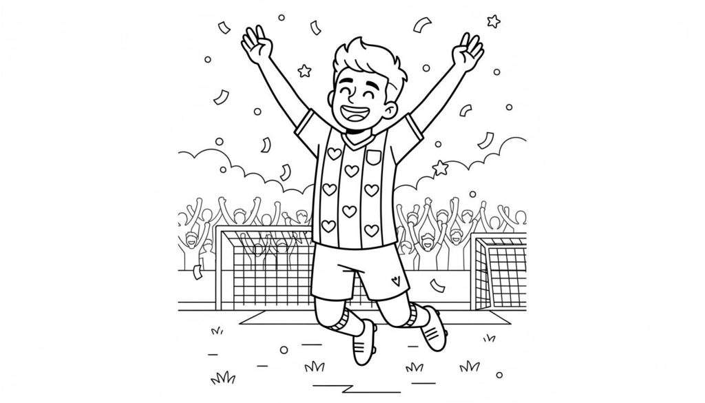 Zwart-wit kleurplaat van een vrolijke SC Heerenveen voetballer die juichend in de lucht springt, omringd door confetti, een juichend publiek en voetbaldoelen in een stadion.