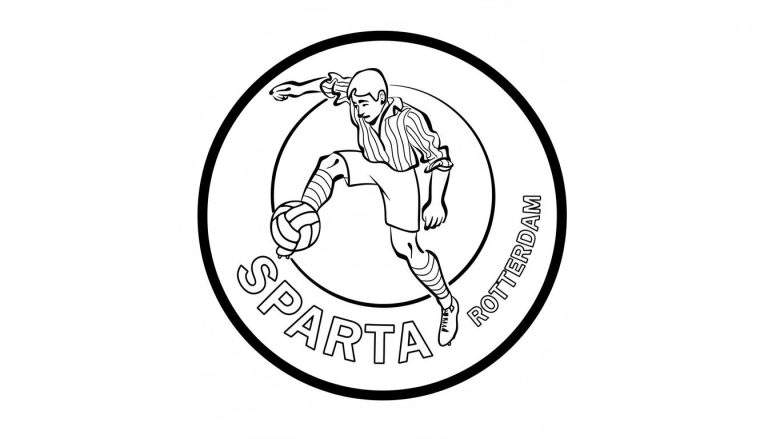 Zwart-wit kleurplaat van het Sparta Rotterdam clublogo. Centraal staat een voetballer die de bal dribbelt binnen een cirkelvormig kader met de tekst 'SPARTA ROTTERDAM'.