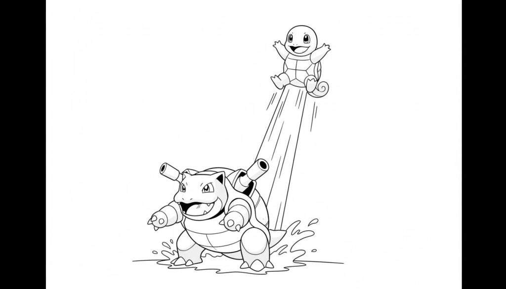 Zwart-wit kleurplaat van Blastoise die een vrolijke Squirtle lanceert met een waterstraal uit zijn kanonnen, omringd door spatten.