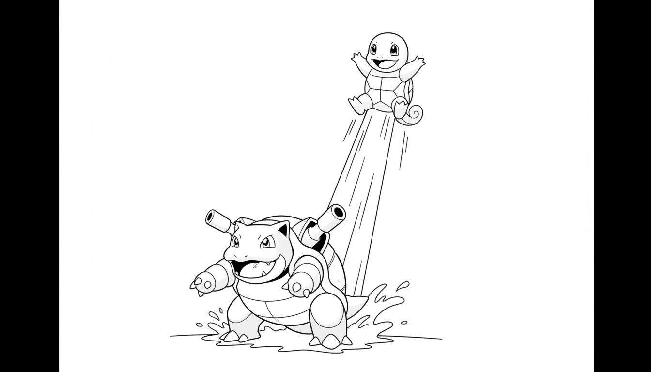 Zwart-wit kleurplaat van Blastoise die een vrolijke Squirtle lanceert met een waterstraal uit zijn kanonnen, omringd door spatten.