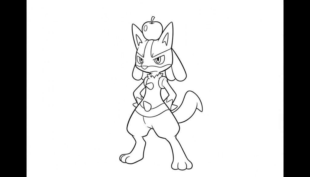 Zwart-wit kleurplaat van Pokémon Riolu, staand met handen in de zij, een appel balancerend op zijn hoofd en een serieuze, vastberaden uitdrukking.