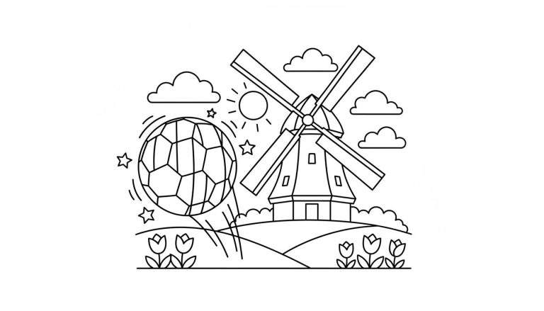 De Graafschap kleurplaat voor fans, met een windmolen, zwevende voetbal, tulpen, heuvels, zon, wolken en sterren.