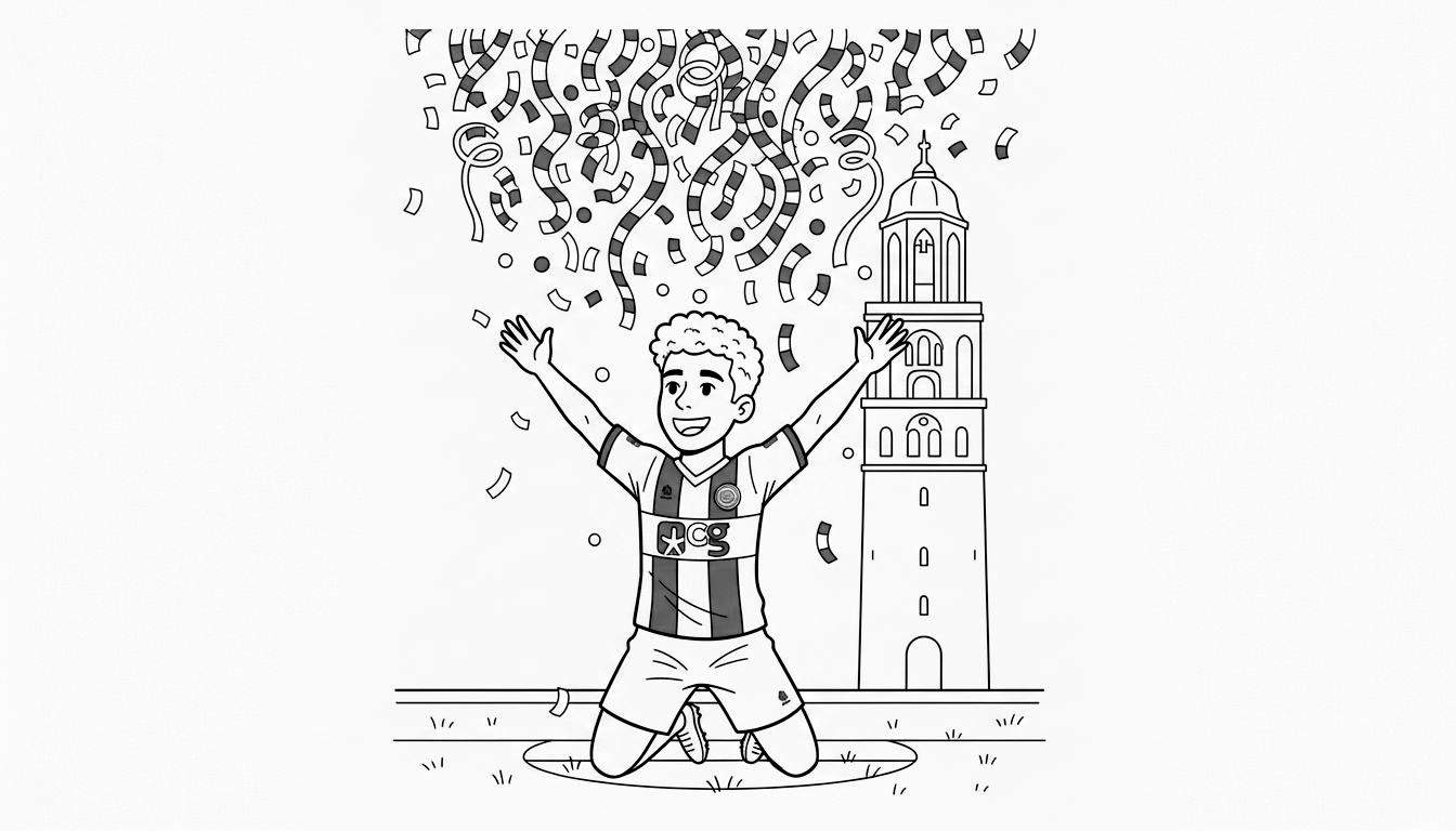 Zwart-wit kleurplaat van een juichende FC Groningen voetballer die een overwinning viert onder confetti, met een historische toren op de achtergrond.