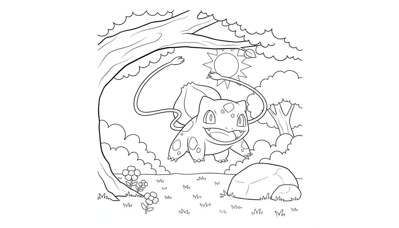 Kleurplaat van een breed lachende Bulbasaur met uitgestrekte lianen, omringd door een natuurlijke omgeving met een grote boom, struiken, zon, gras, bloemen en een steen.