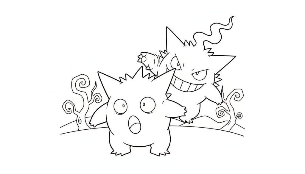Zwart-wit kleurplaat van Pokémon Gengar die een klein, rond en stekelig wezentje laat schrikken. Gengar heeft een brede, gemene glimlach, dreigende ogen en golvende geestenenergie boven zijn hoofd. Het geschrokken wezentje heeft grote ogen en een wijd open mond. Op de achtergrond staan kronkelige, spookachtige bomen.