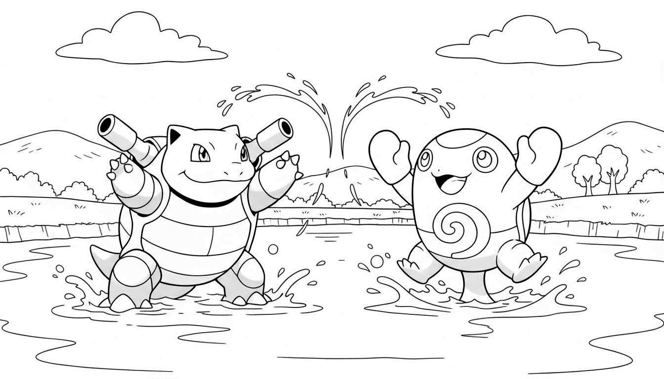 Zwart-wit kleurplaat van Pokémon Blastoise en Politoed die vrolijk in het water spelen en spatten. Blastoise staat links te lachen, Politoed rechts zwaait met zijn arm. Een fontein spuit omhoog tussen de Pokémon, met heuvels en bomen op de achtergrond.