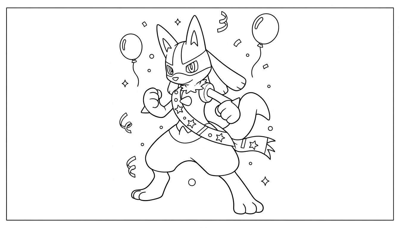 Kleurplaat van Lucario in feestelijke outfit met pluizige halskraag, sterrensjerp, gebalde vuisten, omringd door ballonnen, confetti en slingers.