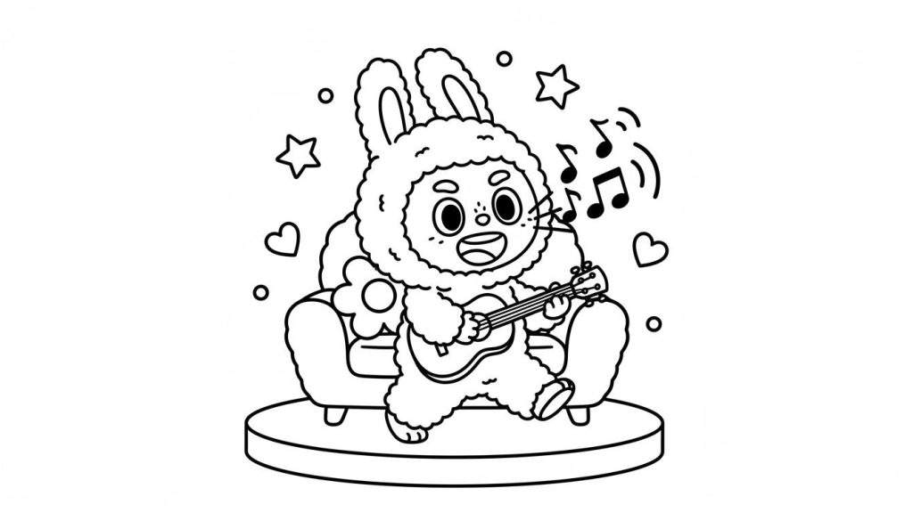 Zwart-wit kleurplaat van Labubu, een pluizig konijnachtig figuur, zittend op een fauteuil en gitaar spelend, omringd door muzieknoten, sterren en harten.