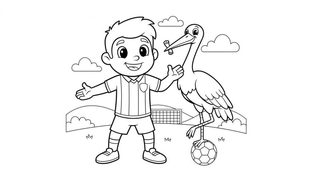 Zwart-witte lijntekening/kleurplaat van een lachende jongen in ADO Den Haag voetbaltenue met open armen, naast een lachende ooievaar die een diploma vasthoudt en op een voetbal staat, tegen de achtergrond van een voetbalveld met doel, gras en wolken.