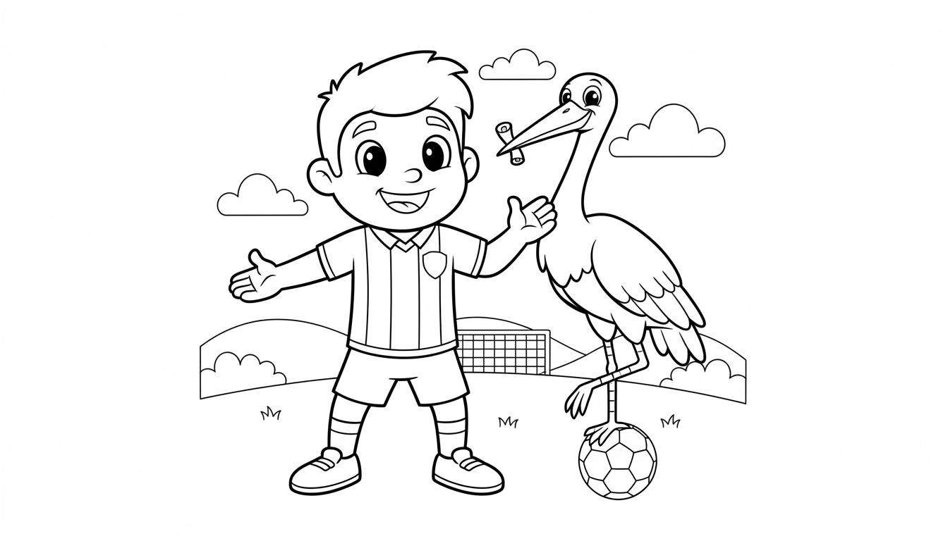 Zwart-witte lijntekening/kleurplaat van een lachende jongen in ADO Den Haag voetbaltenue met open armen, naast een lachende ooievaar die een diploma vasthoudt en op een voetbal staat, tegen de achtergrond van een voetbalveld met doel, gras en wolken.