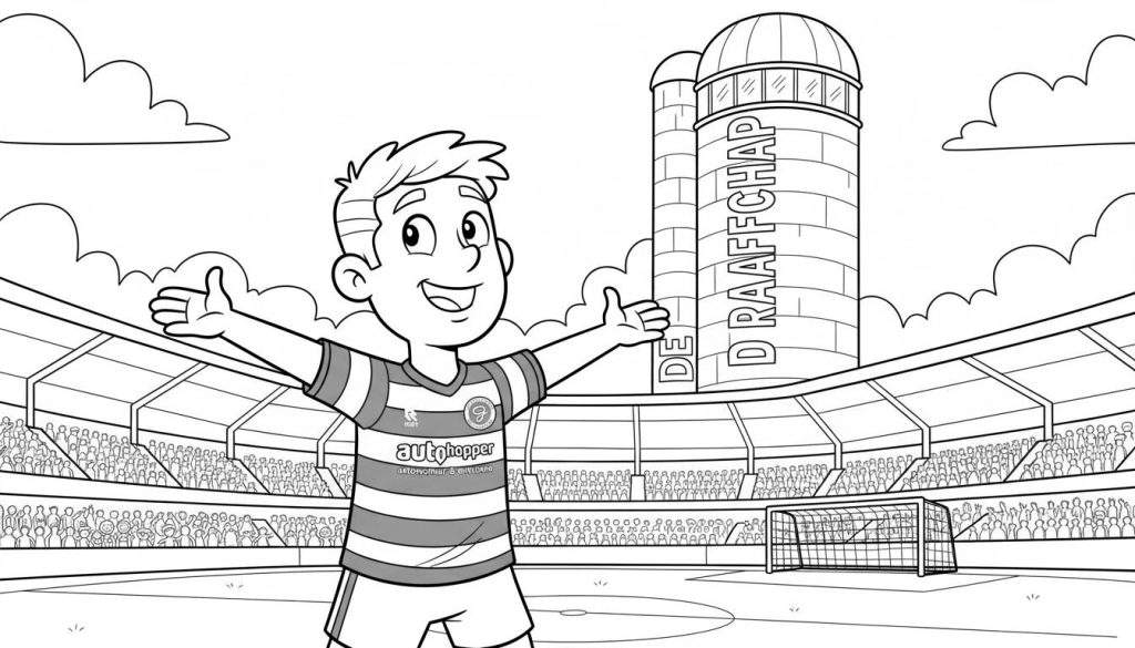 Zwart-wit kleurplaat van een lachende jongen in een gestreept voetbalshirt ('autòhopper') op een voetbalveld, voor een vol De Graafschap stadion met 'DE DRAAFFCHAP' silo's en een voetbaldoel.