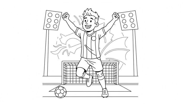 Zwart-wit kleurplaat van een juichende FC Den Bosch voetballer in de lucht voor een stadiondoel met lichtmasten en een voetbal op de grond. Een jonge speler viert een doelpunt met een brede lach en gebalde vuisten, gekleed in een gestreefd shirt.