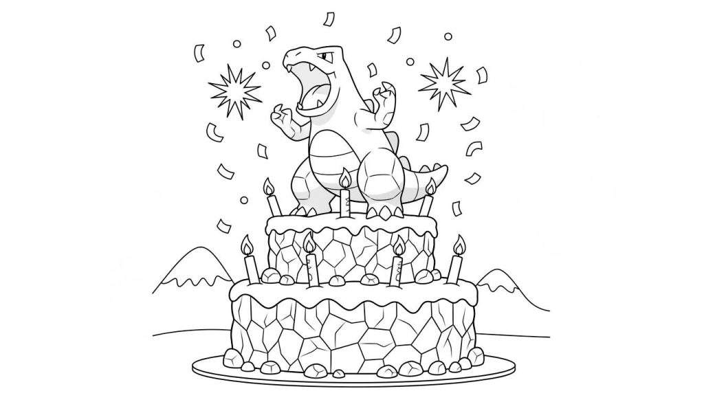 Kleurplaat van feestelijke Tyranitar op een tweelaagse verjaardagstaart met negen brandende kaarsjes, omringd door confetti en sterren.