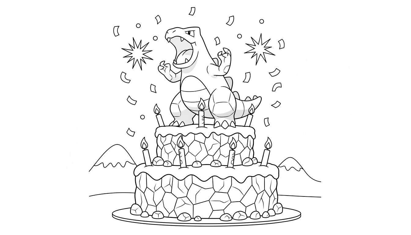 Kleurplaat van feestelijke Tyranitar op een tweelaagse verjaardagstaart met negen brandende kaarsjes, omringd door confetti en sterren.